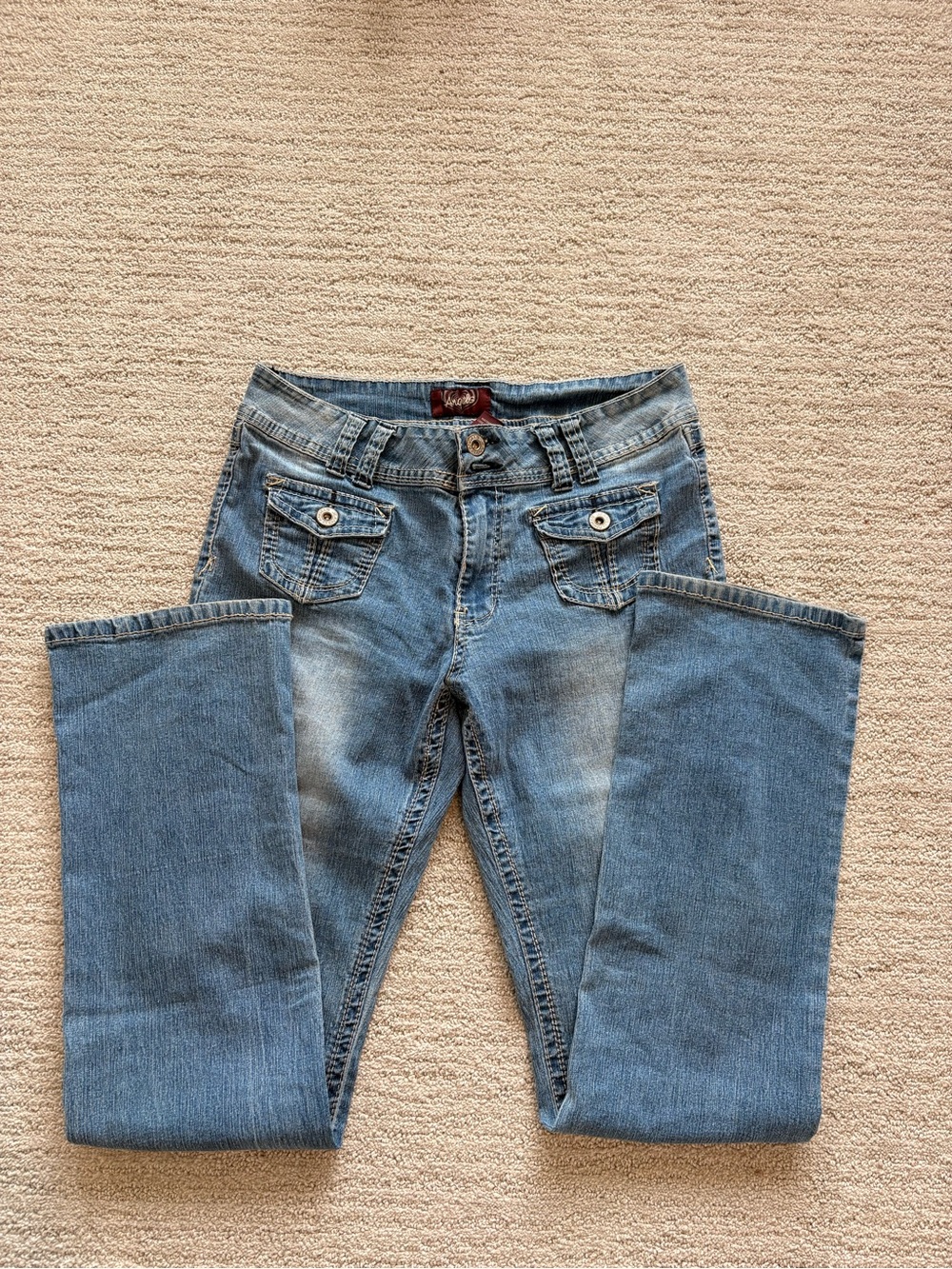 Angels Light Blue Low Rise Flare Jeans with Button Flap Pockets